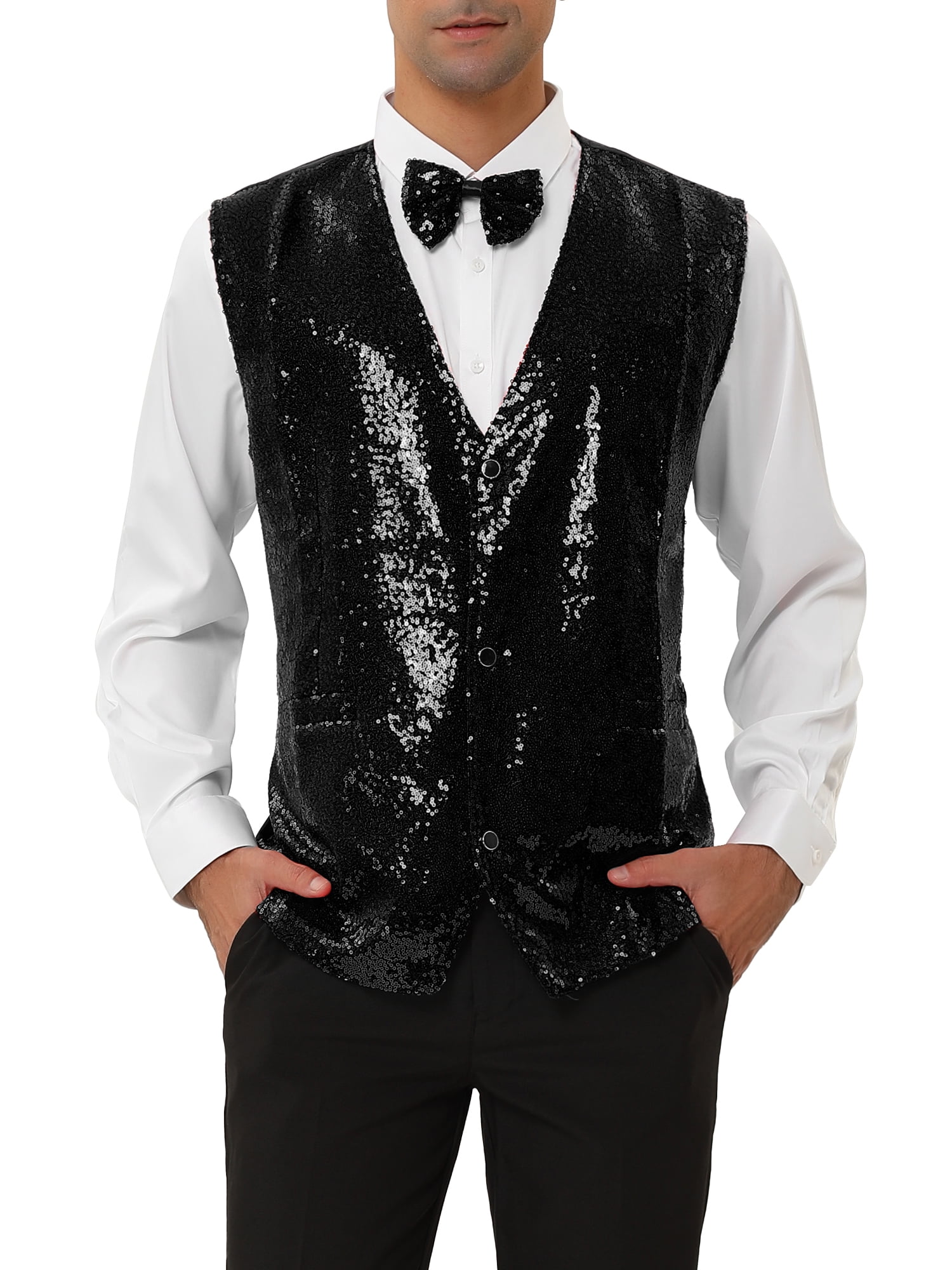 Black Sequin Waistcoat Adults Fancy Dress Cabaret Showman Mens