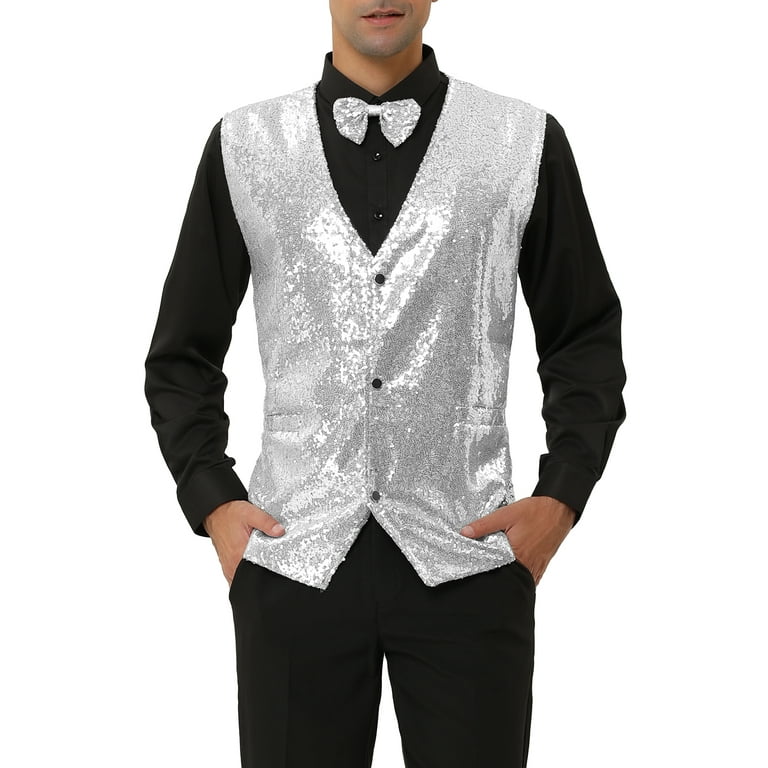 Unique Bargains Men's Disco Shiny Sequin Vest Suit Waistcoat Unique Bargains Men's Disco Shiny Sequin Vest Suit Waistcoat