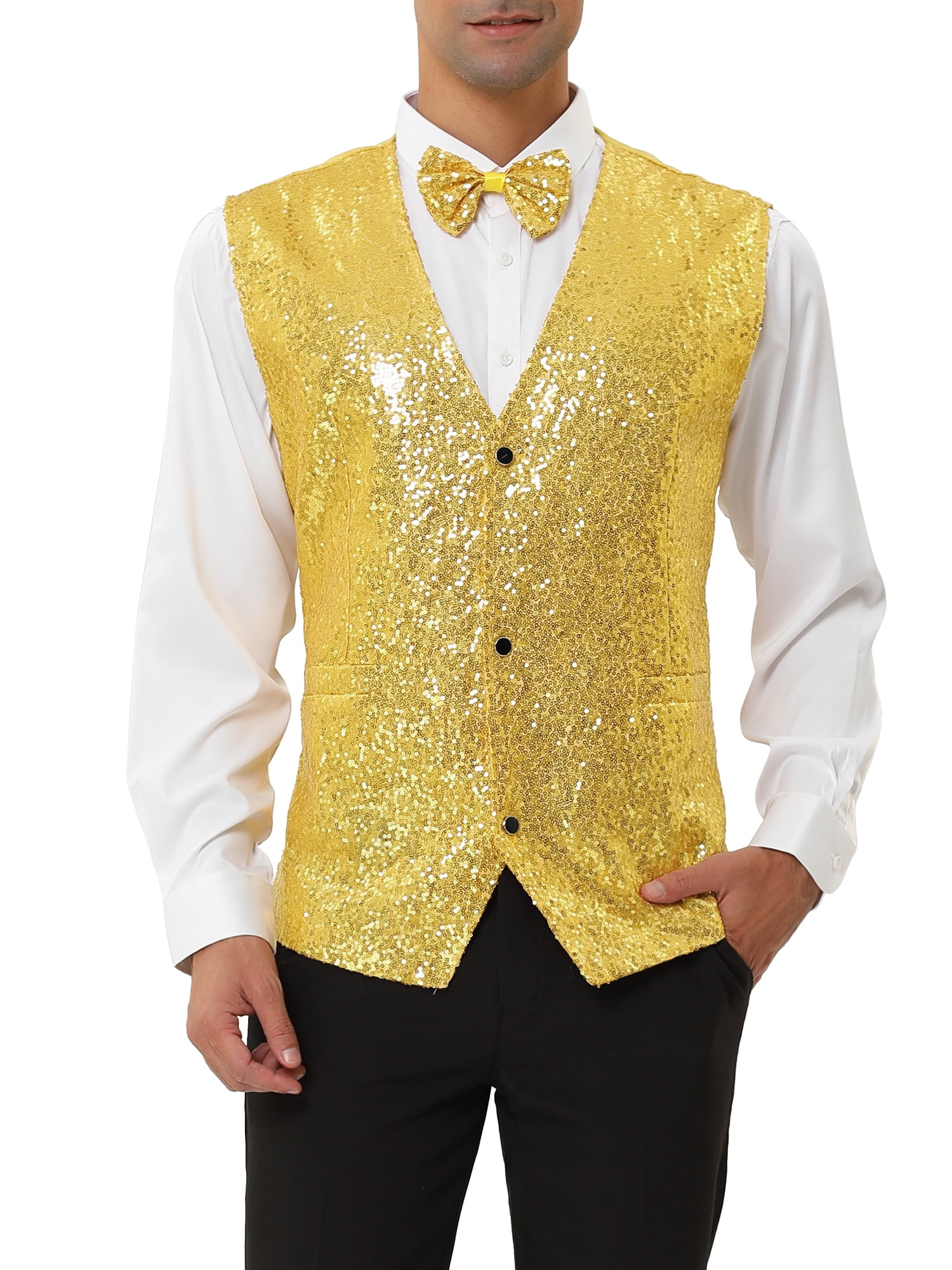 Unique Bargains Men s Disco Shiny Sequin Vest Suit Waistcoat Set with Bow Tie M Golden Walmart