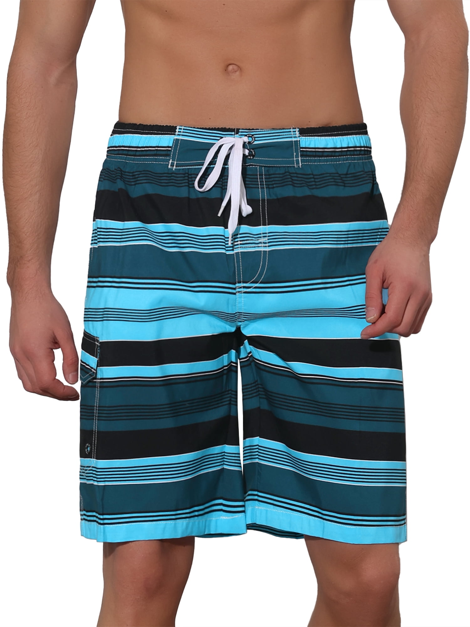 Unique Bargains Men's Drawstring Stripes Printed Color Block Beach Pool Board Shorts 32 Blue