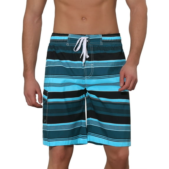 Unique Bargains Men's Drawstring Stripes Printed Color Block Beach Pool Board Shorts 32 Blue