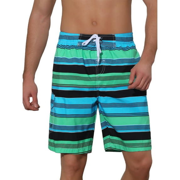 Unique Bargains Men's Drawstring Stripes Printed Color Block Beach Pool Board Shorts 32 Green