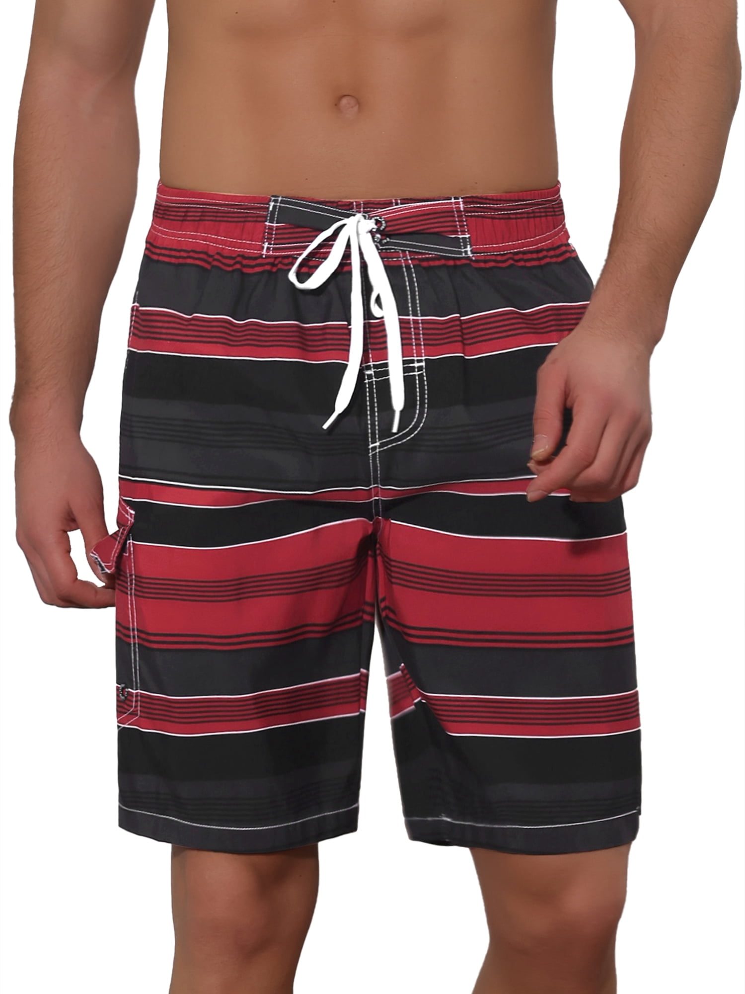 Unique Bargains Men's Drawstring Stripes Printed Color Block Beach Pool Board Shorts 32 Red