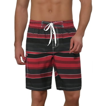Unique Bargains Men's Drawstring Stripes Printed Color Block Beach Pool Board Shorts 34 Red