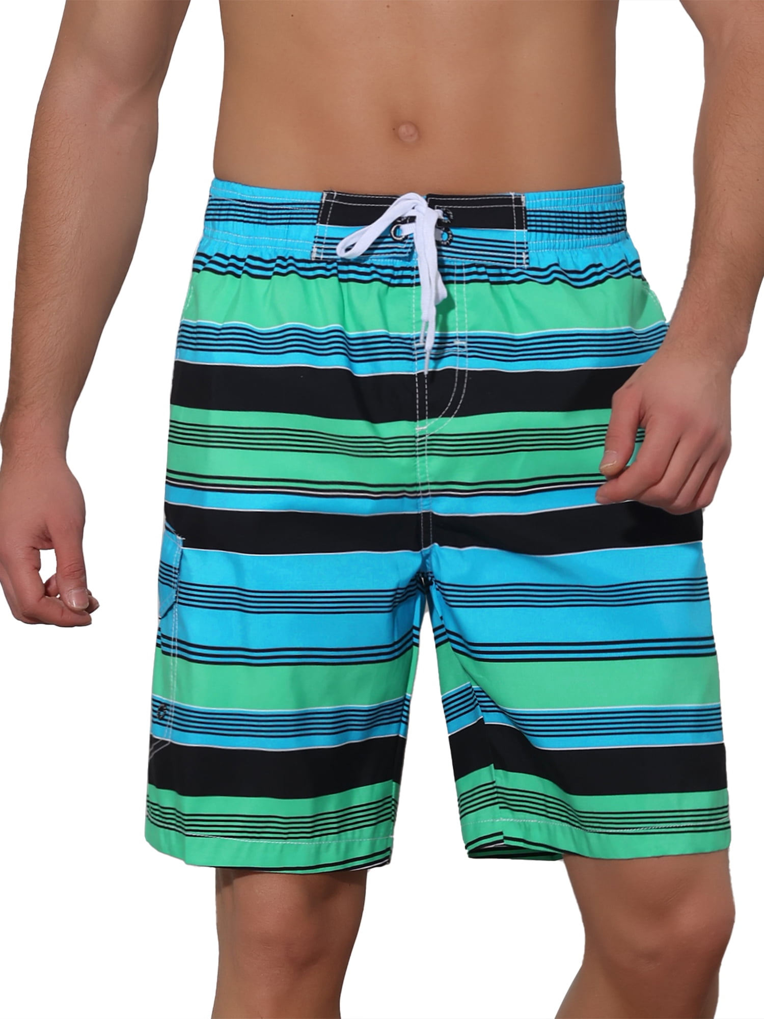 Unique Bargains Men's Drawstring Stripes Printed Color Block Beach Pool Board Shorts 36 Green