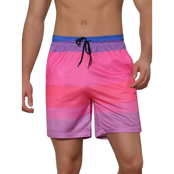 Unique Bargains Men's Drawstring Waist Colorful Pattern Hawaiian Swim Board Shorts 28 Pink