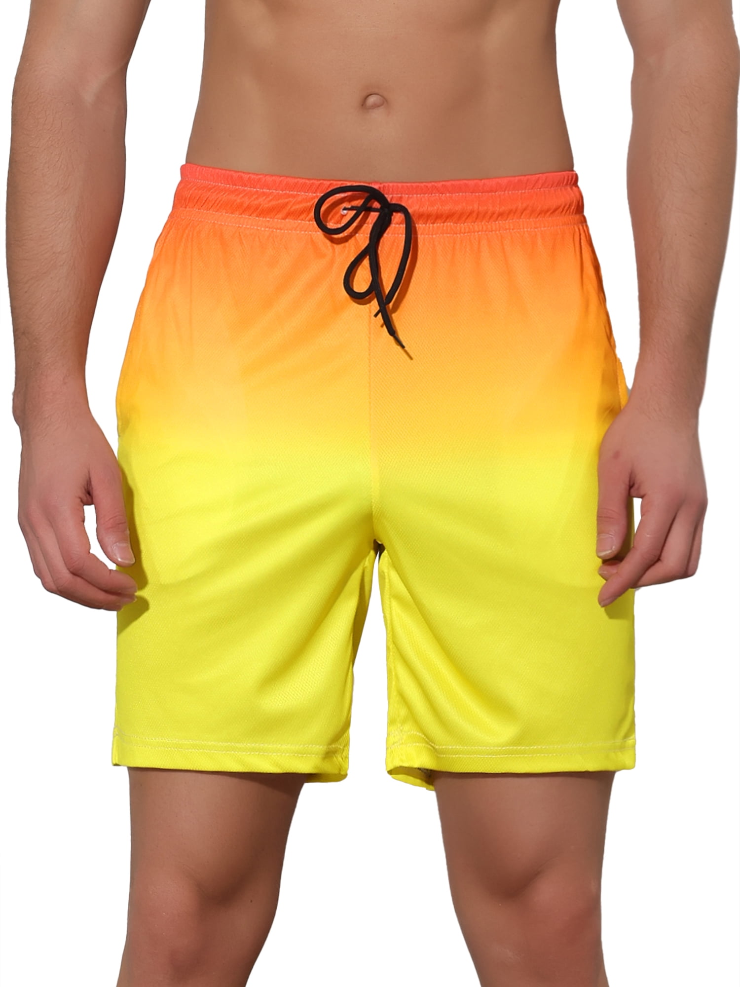 Unique Bargains Men's Drawstring Waist Colorful Pattern Hawaiian Swim Board Shorts 28 Yellow