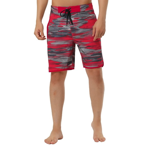 Unique Bargains Men's Drawstring Waist Swim Shorts Printed Summer Shorts 36 Camouflage Red