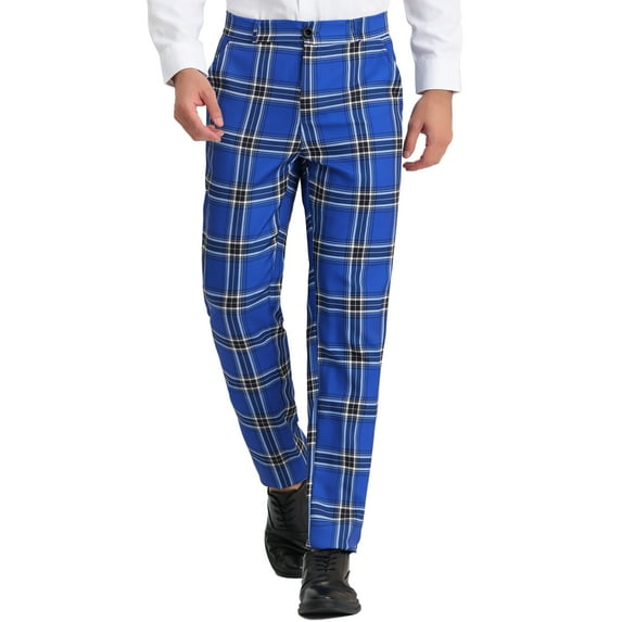 Unique Bargains Men's Dress Pants Casual Flat Front Stretch Business Plaid Pants 28 Navy Blue