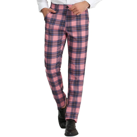 Unique Bargains Men's Dress Pants Casual Flat Front Stretch Business Plaid Pants 28 Pink Navy