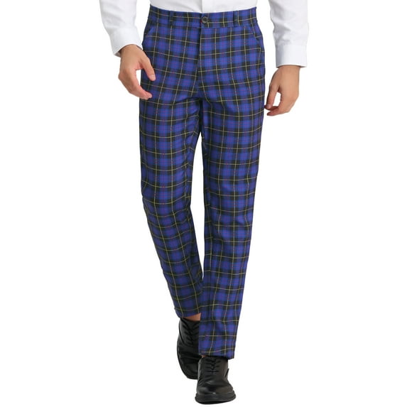 Unique Bargains Men's Dress Pants Casual Flat Front Stretch Business Plaid Pants 32 Purple Navy