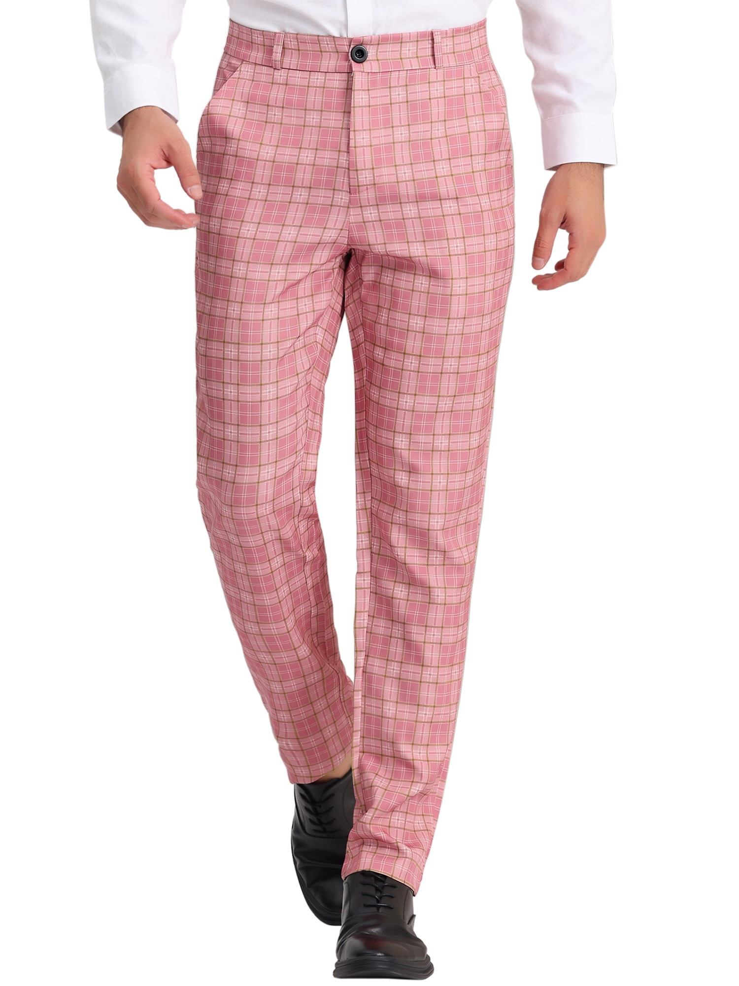 Unique Bargains Men's Dress Pants Casual Flat Front Stretch Business Plaid Pants 34 Pink White