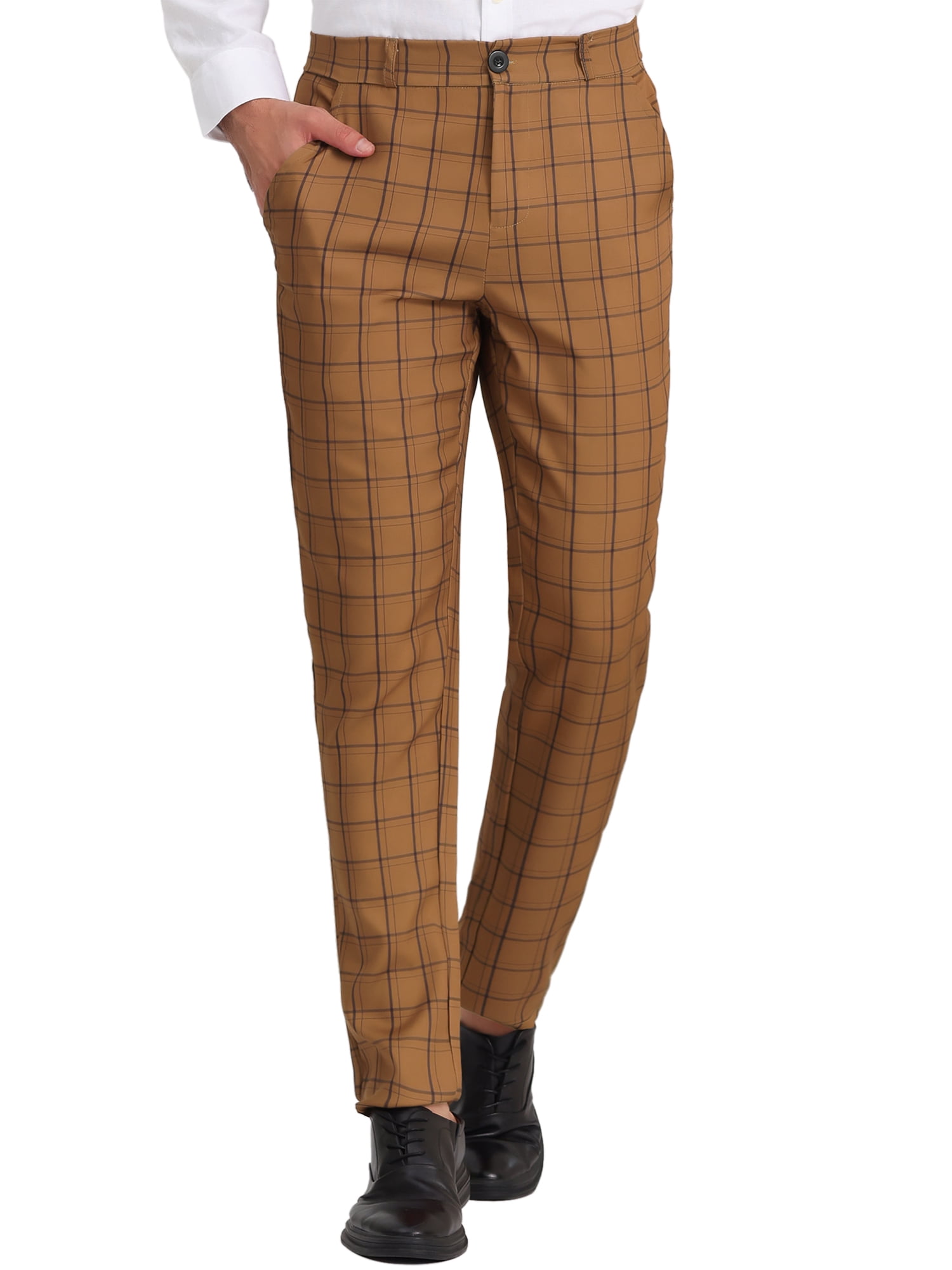 Unique Bargains Men's Slim Fit Plaid Dress Pants, Brown Black