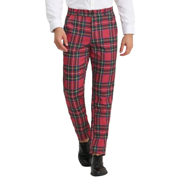 Unique Bargains Men's Dress Plaid Pants Casual Regular Fit Flat Front Stretch Checked Trousers 36 Red Blue