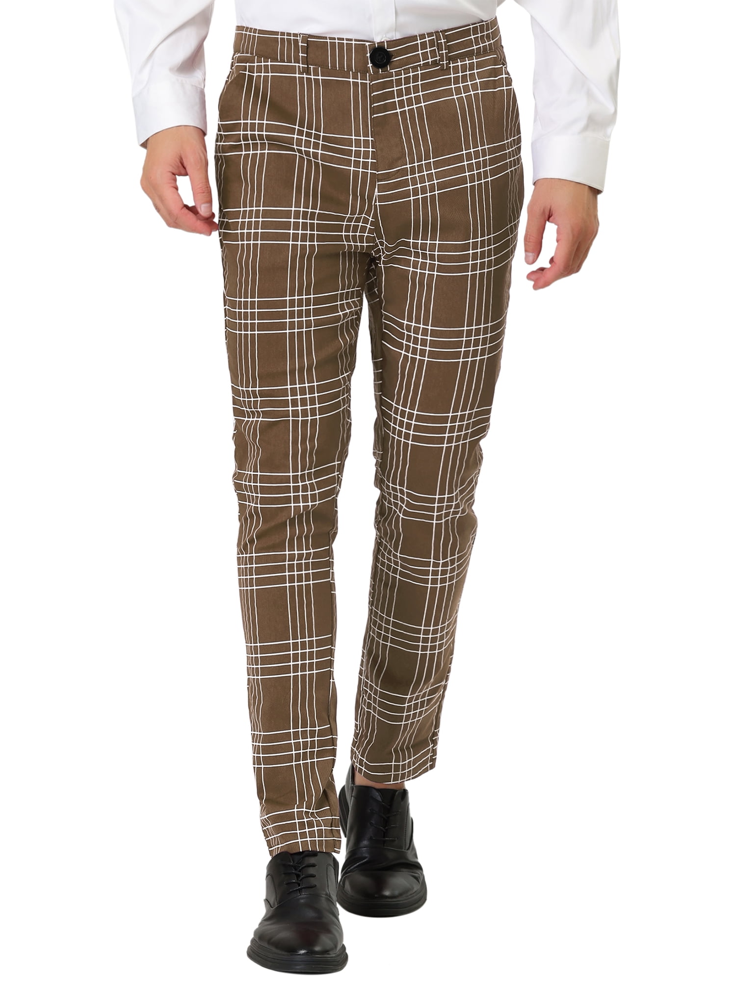 Unique Bargains Men s Dress Plaid Pants Formal Slim Fit Printed Business Checked Trousers 30 Dark Brown Walmart