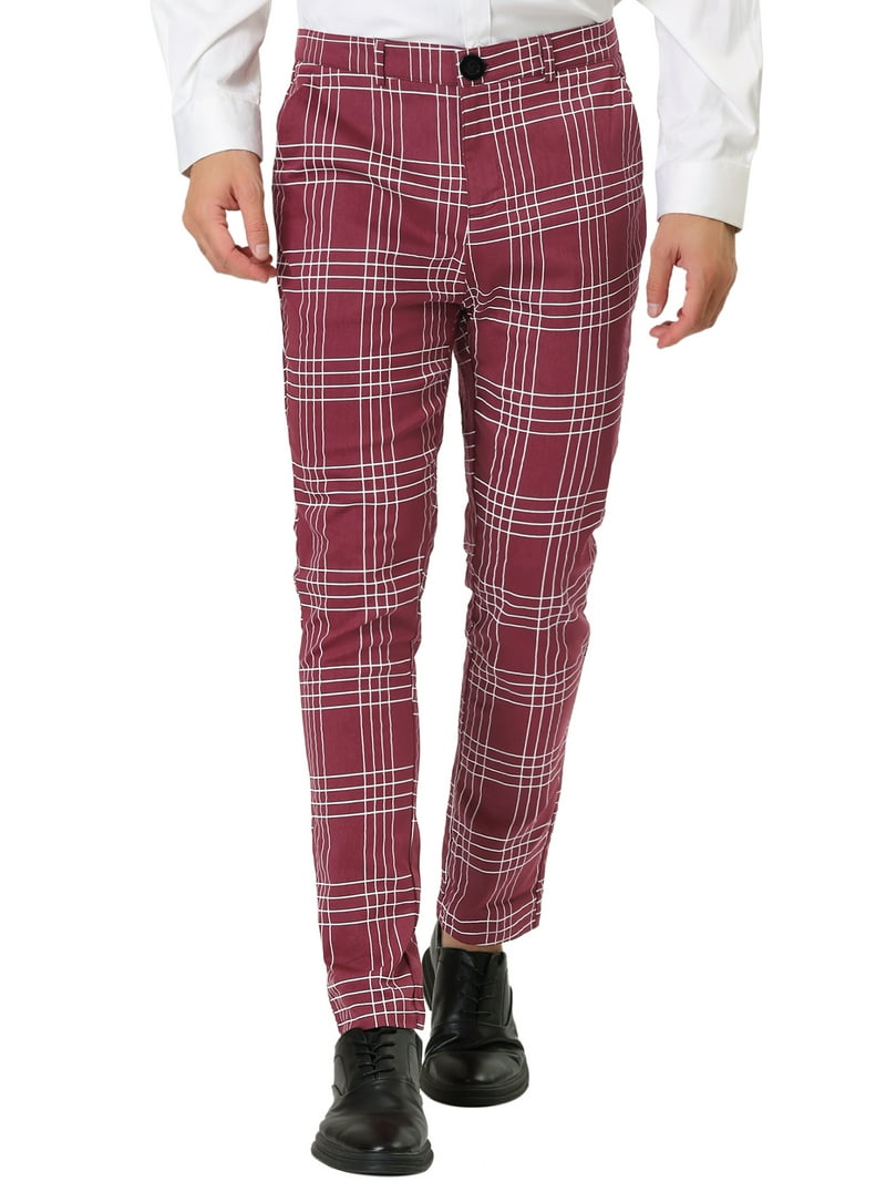 Unique Bargains Men's Slim Fit Plaid Dress Pants Burgundy 32 Classic Tailoring