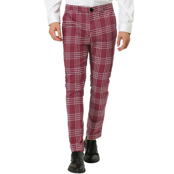 Unique Bargains Men's Dress Plaid Pants Formal Slim Fit Printed Business Checked Trousers 34 Burgundy