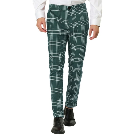 Unique Bargains Men's Dress Plaid Pants Formal Slim Fit Printed Business Checked Trousers 36 Green