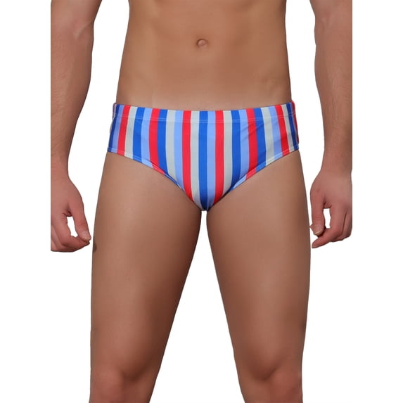 Unique Bargains Men's Elastic Waist Contrast Color Stripe Printed Swim Briefs 28 Navy