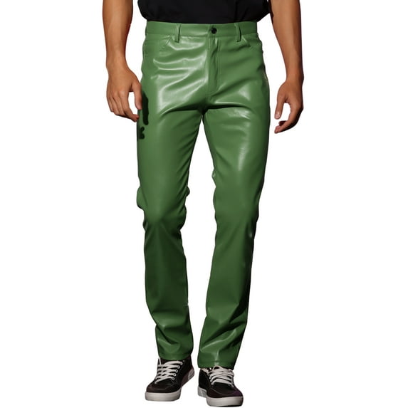 Unique Bargains Men's Faux Leather Pants Slim Fit Solid Nightclub Disco Trousers 32 Green