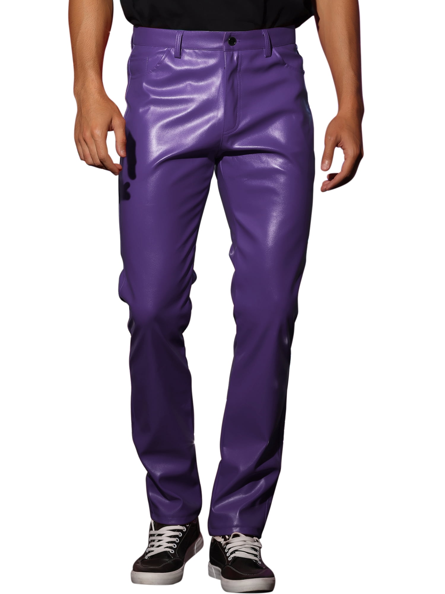 Unique Bargains Men's Faux Leather Pants Slim Fit Solid Nightclub Disco Trousers 36 Purple