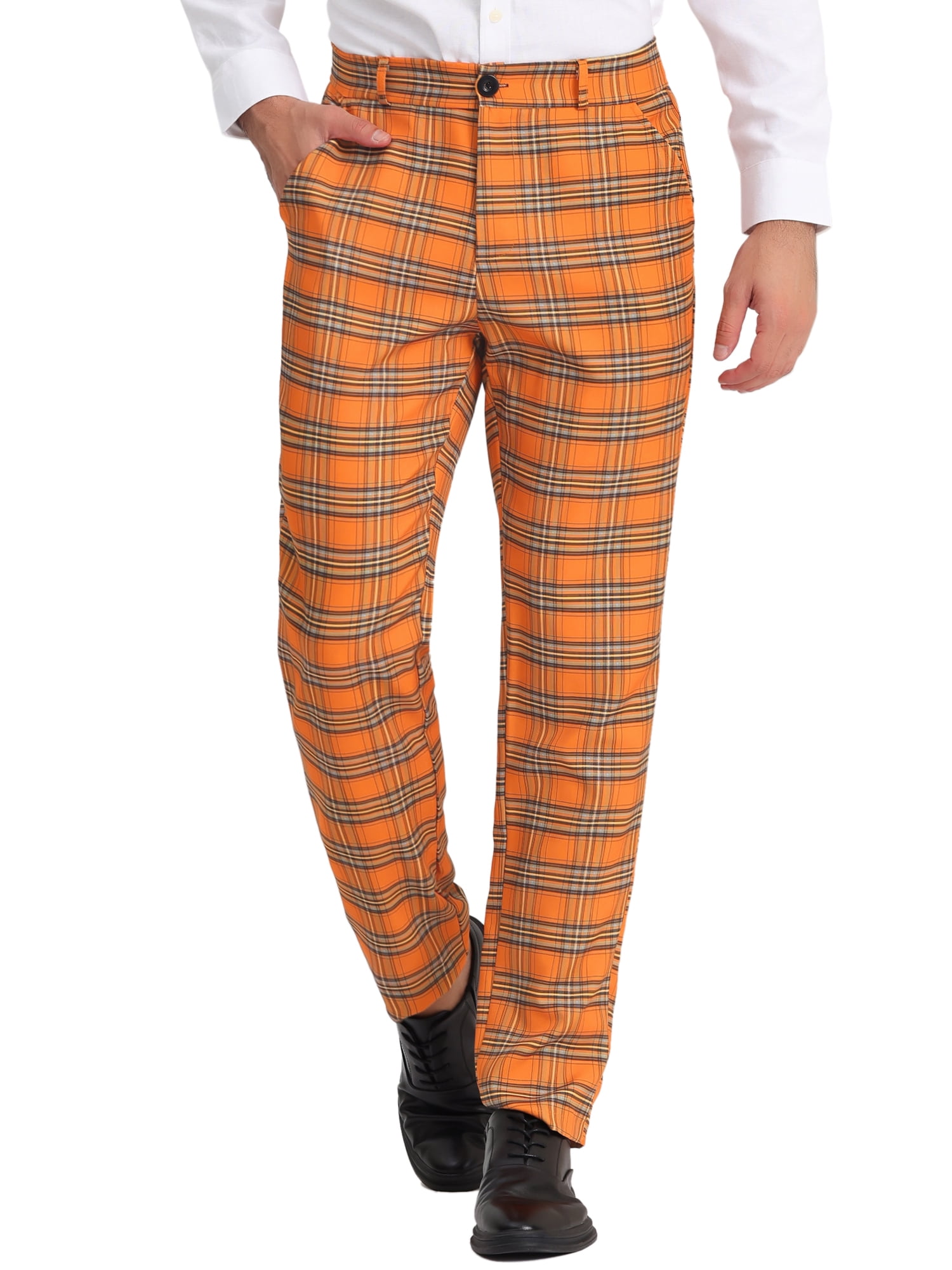 Unique Bargains Men's Flat Front Plaid Pants Formal Business Checked Trousers 30 Orange White