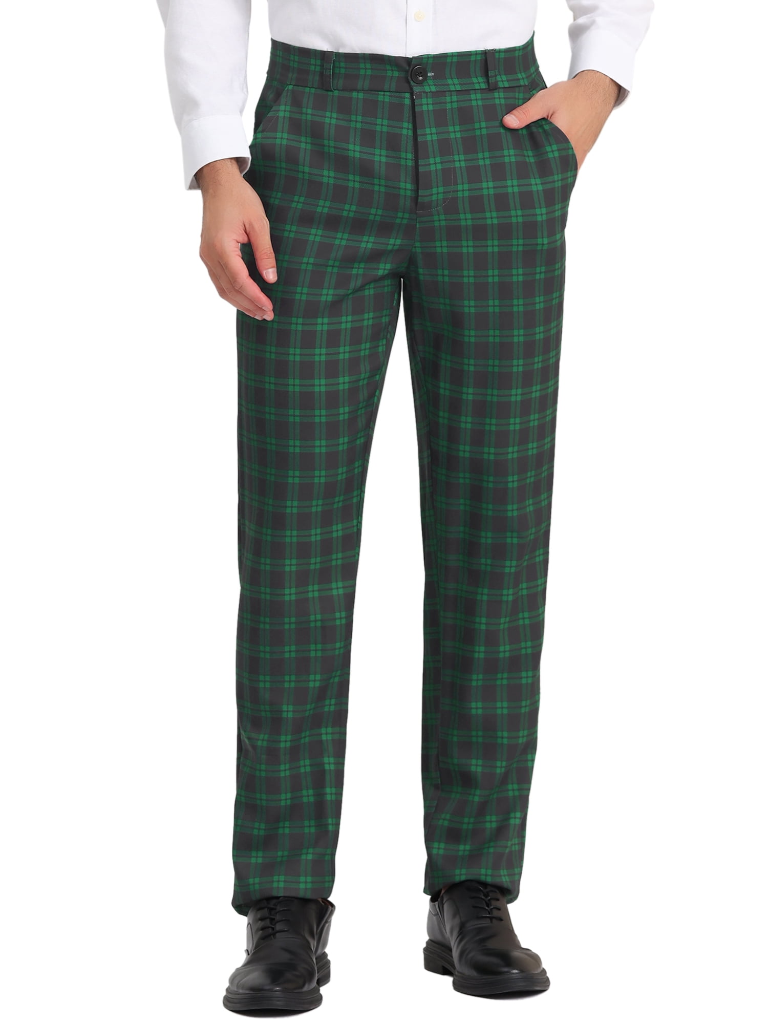 Unique Bargains Men's Flat Front Plaid Pants Formal Business Checked Trousers 32 Green Navy
