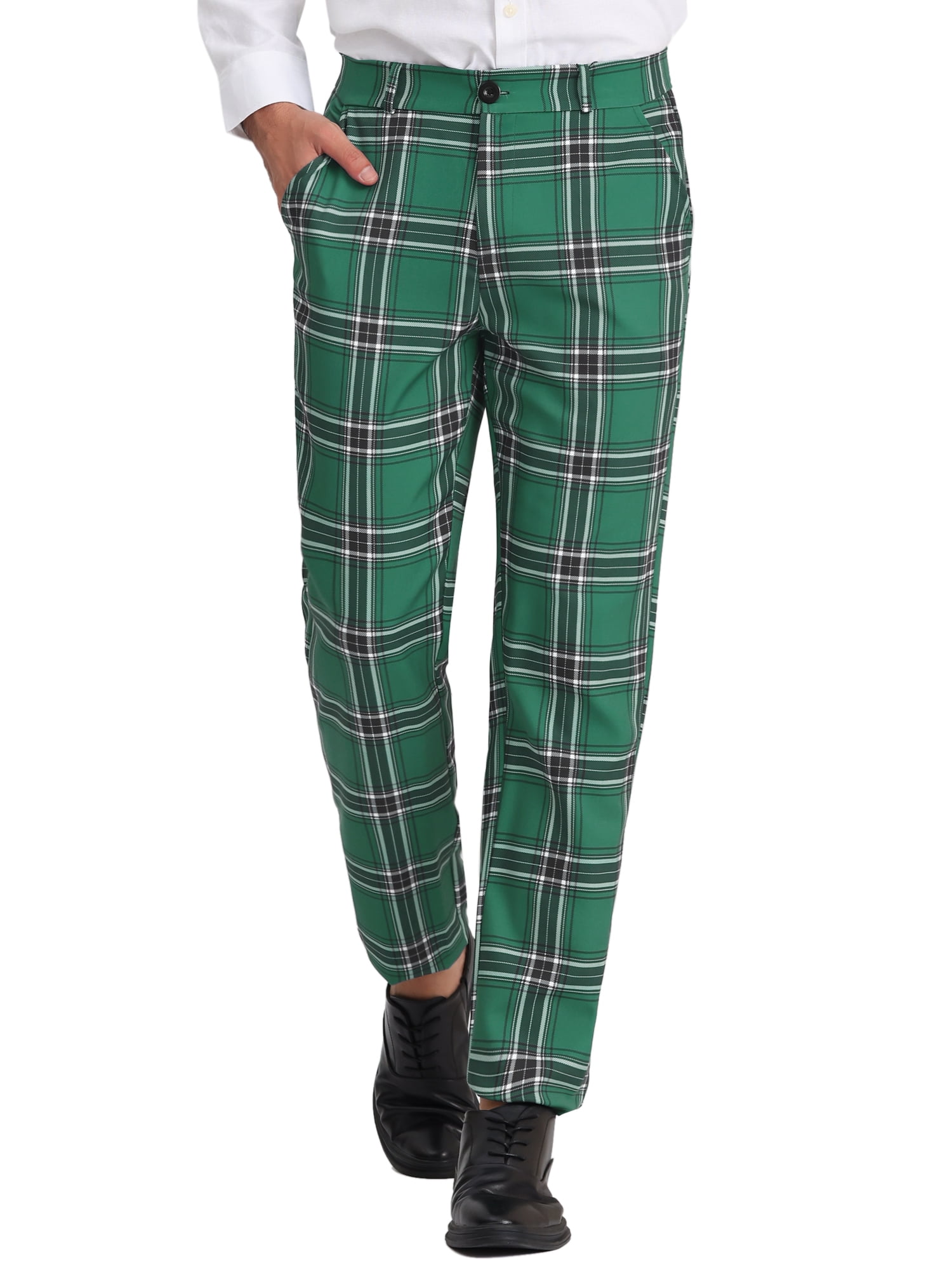 Unique Bargains Men's Flat Front Plaid Pants Formal Business Checked Trousers 38 Green Black