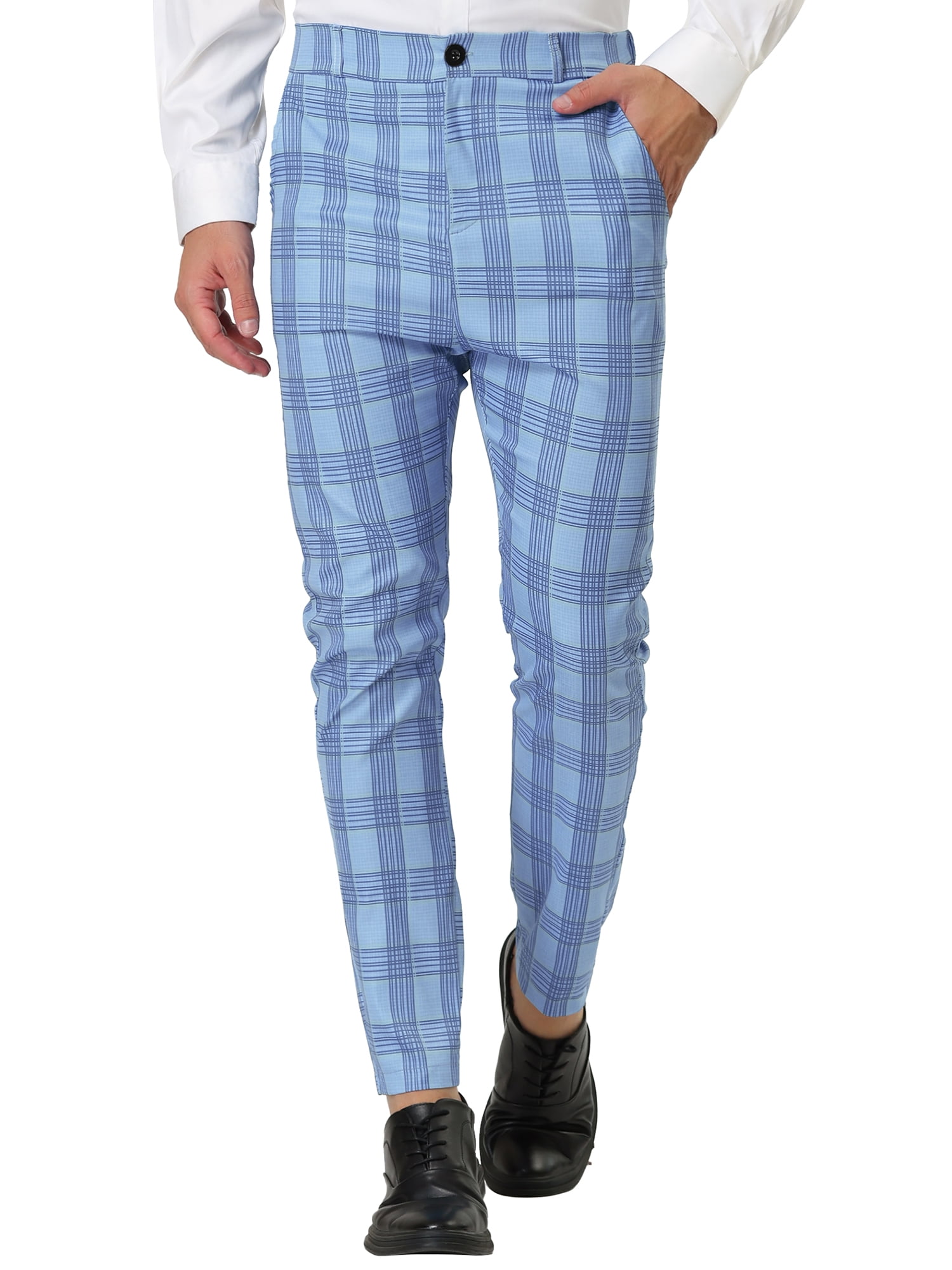 Unique Bargains Men's Formal Color Block Slim Fit Flat Front Plaid Pants 32 Light Blue