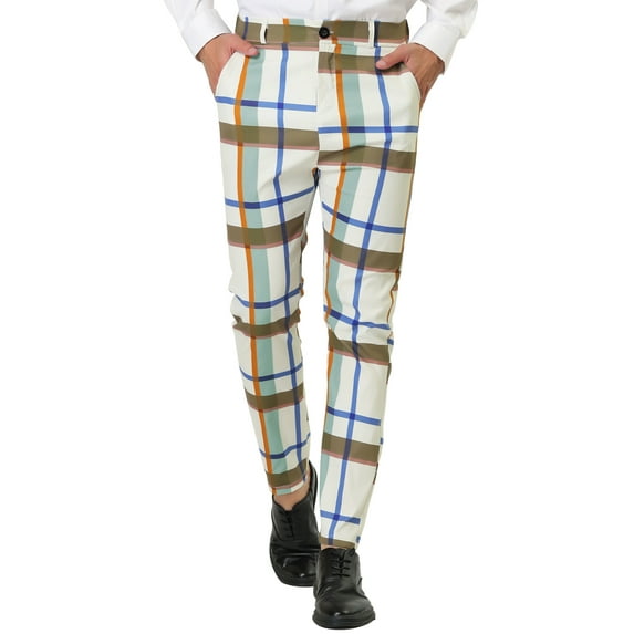 Unique Bargains Men's Formal Color Block Slim Fit Flat Front Plaid Pants 30 Beige Blue