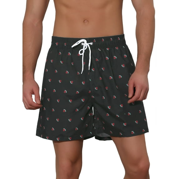Unique Bargains Men's Fruit-printed Drawstring Lightweight Holiday Board Shorts Black 34