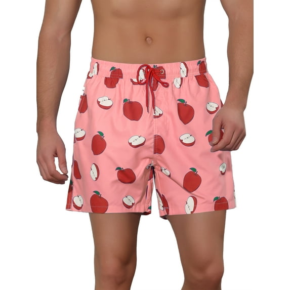 Unique Bargains Men's Fruits Print Drawstring Waist Pattern Surfing Board Shorts Pink 34