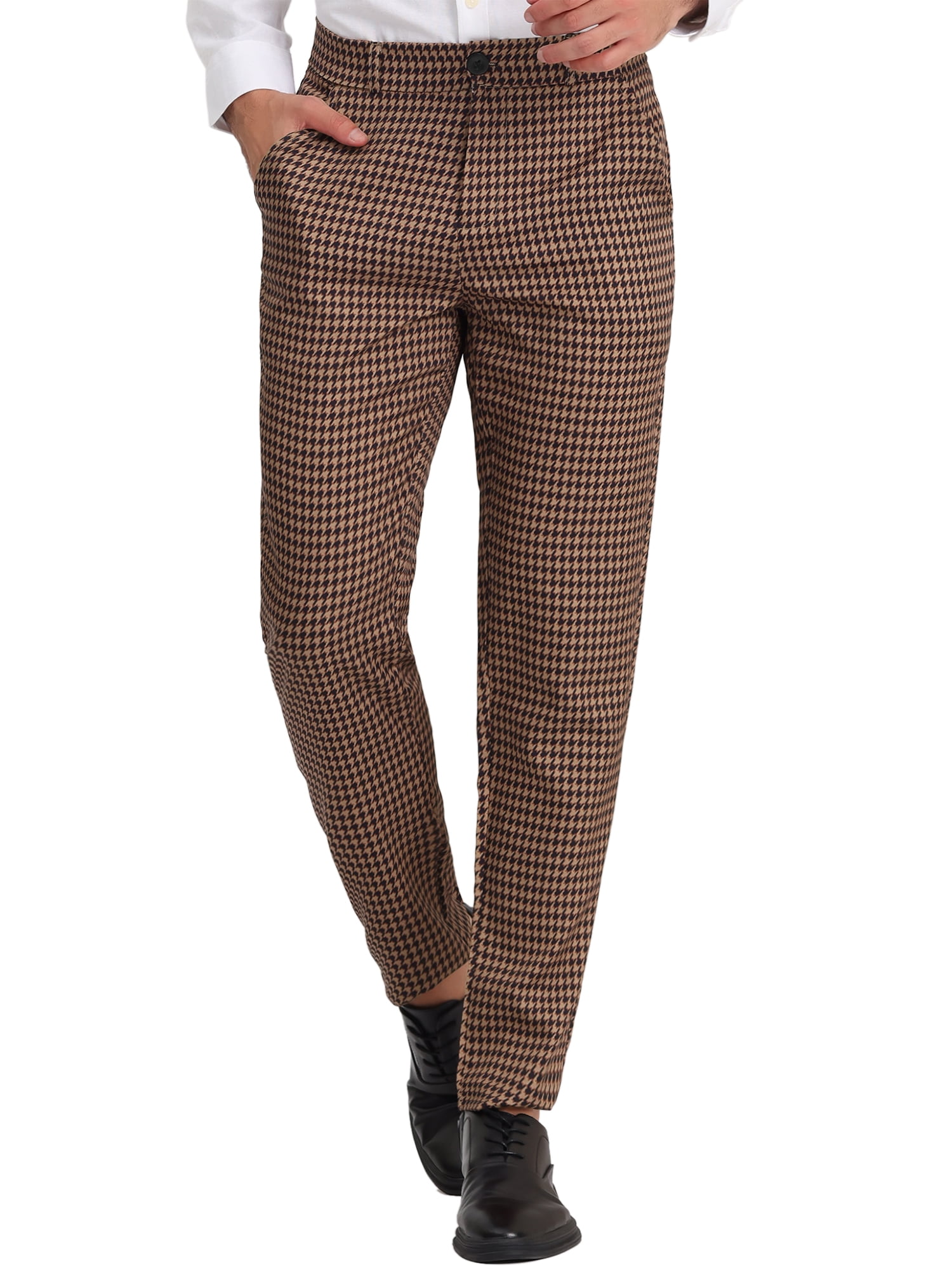 Unique Bargains Men's Geometric Printed Color Block Flat Front Dress Pants 36 Brown