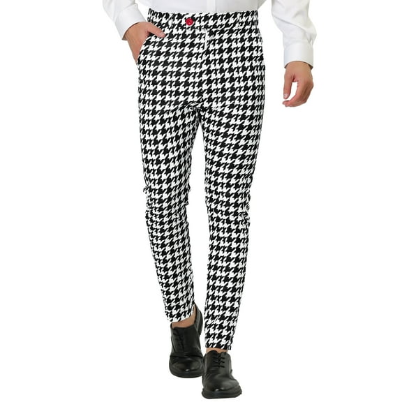 Unique Bargains Men's Geometric Printed Color Block Flat Front Dress Pants 28 Black White