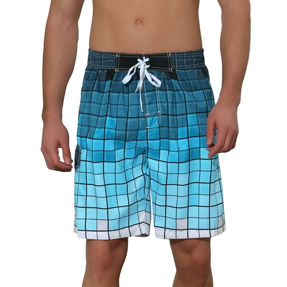 Unique Bargains Men's Hawaiian Drawstring Waist Color Block Plaid Board Shorts 28 Blue