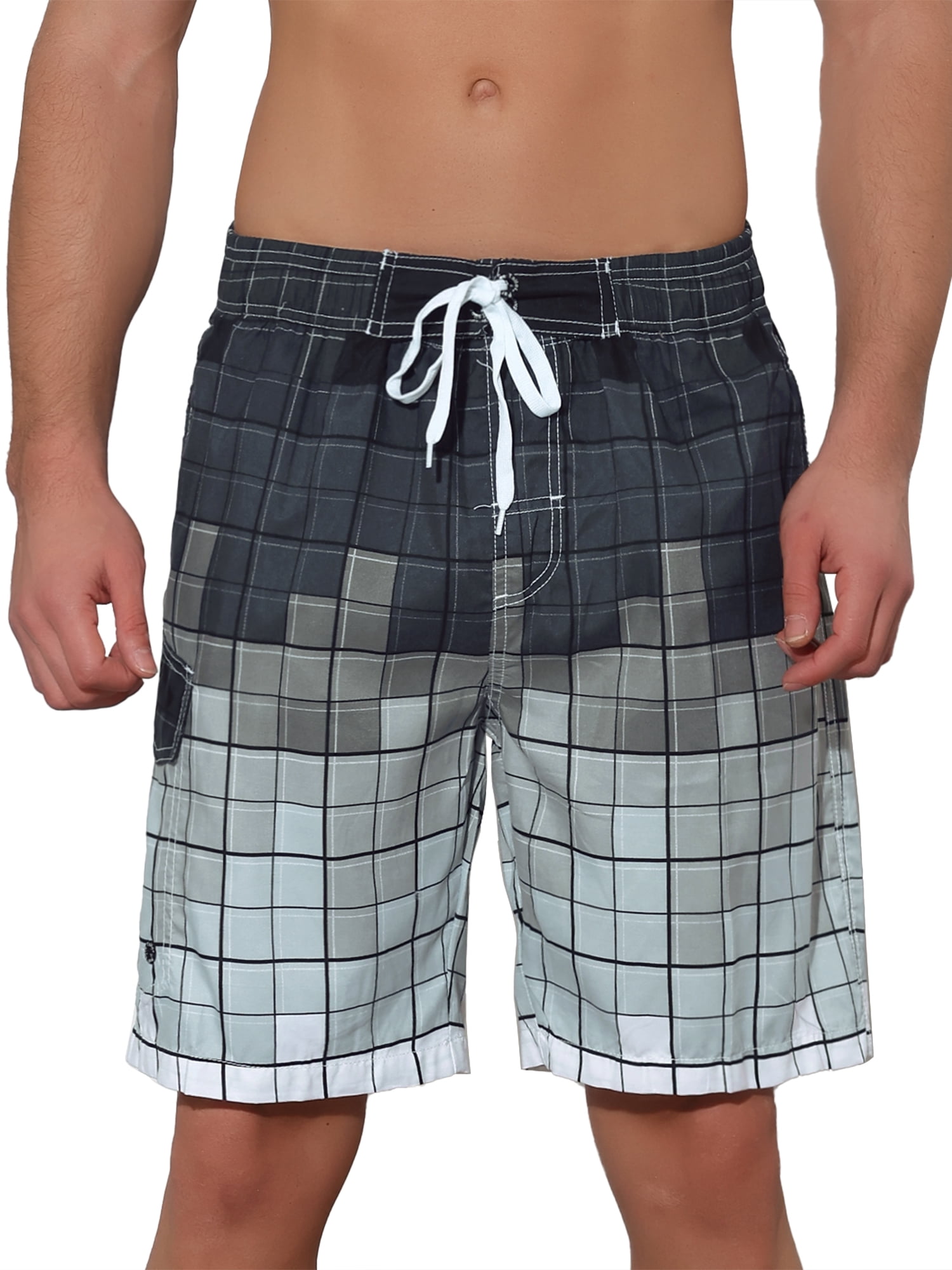 Unique Bargains Men's Hawaiian Drawstring Waist Color Block Plaid Board Shorts 32 Gray