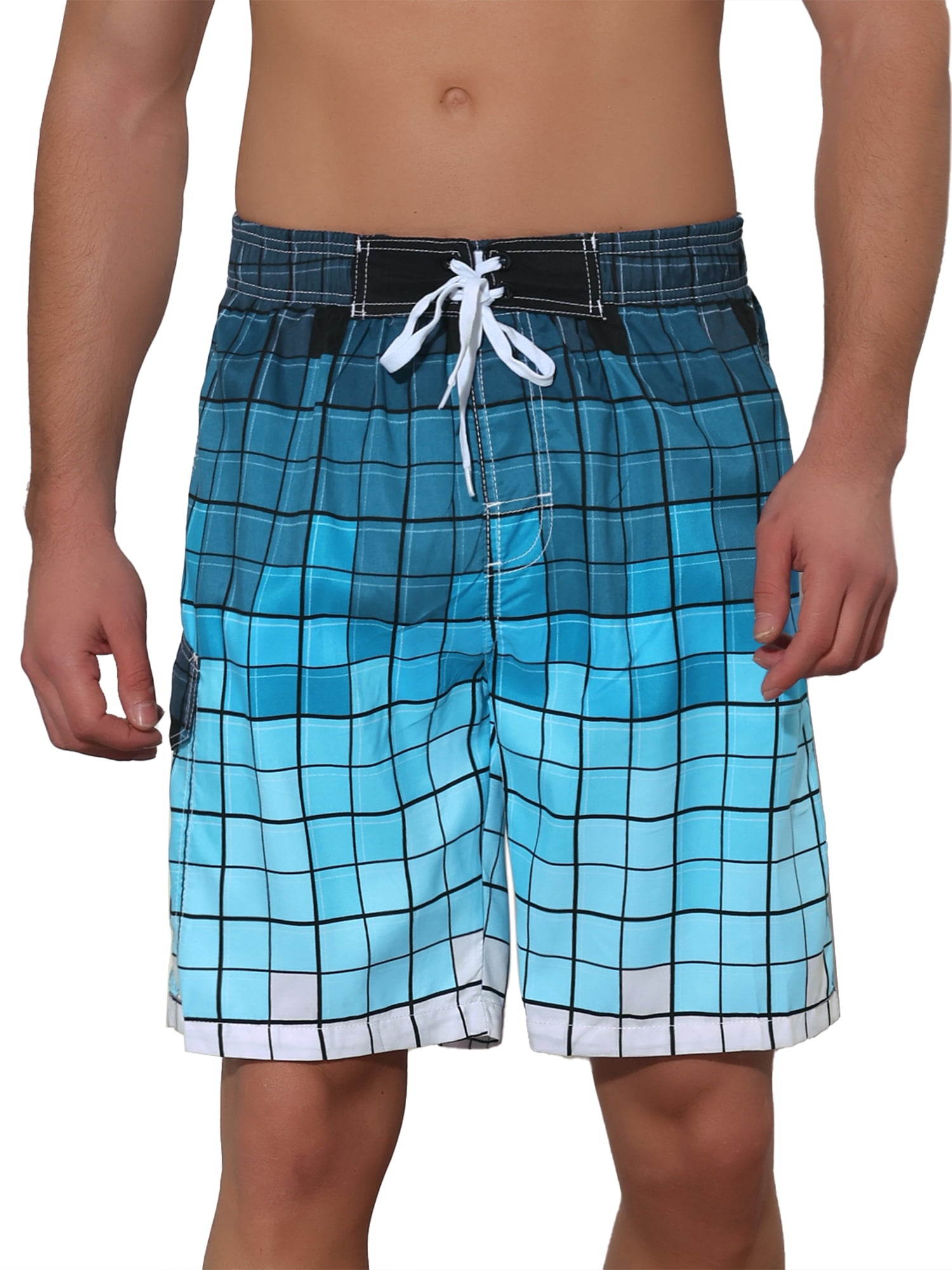 Unique Bargains Men's Hawaiian Drawstring Waist Color Block Plaid Board Shorts 34 Blue