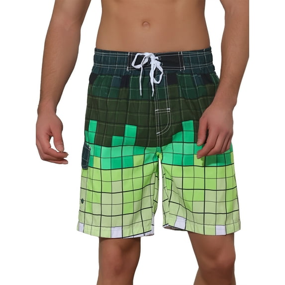 Unique Bargains Men's Hawaiian Drawstring Waist Color Block Plaid Board Shorts 38 Green