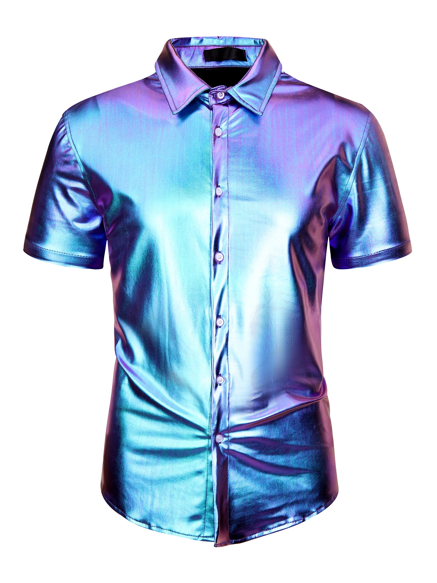 Unique Bargains Men's Holographic Shirt Button Down Party Shiny Metallic Shirt 2XL Purple