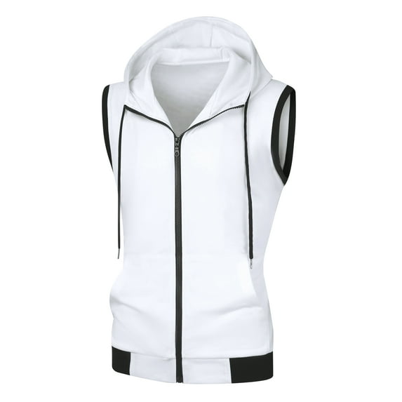Unique Bargains Men's Hoodie Vest Zip Up Sleeveless Drawstring Hooded Sweatshirt XL White