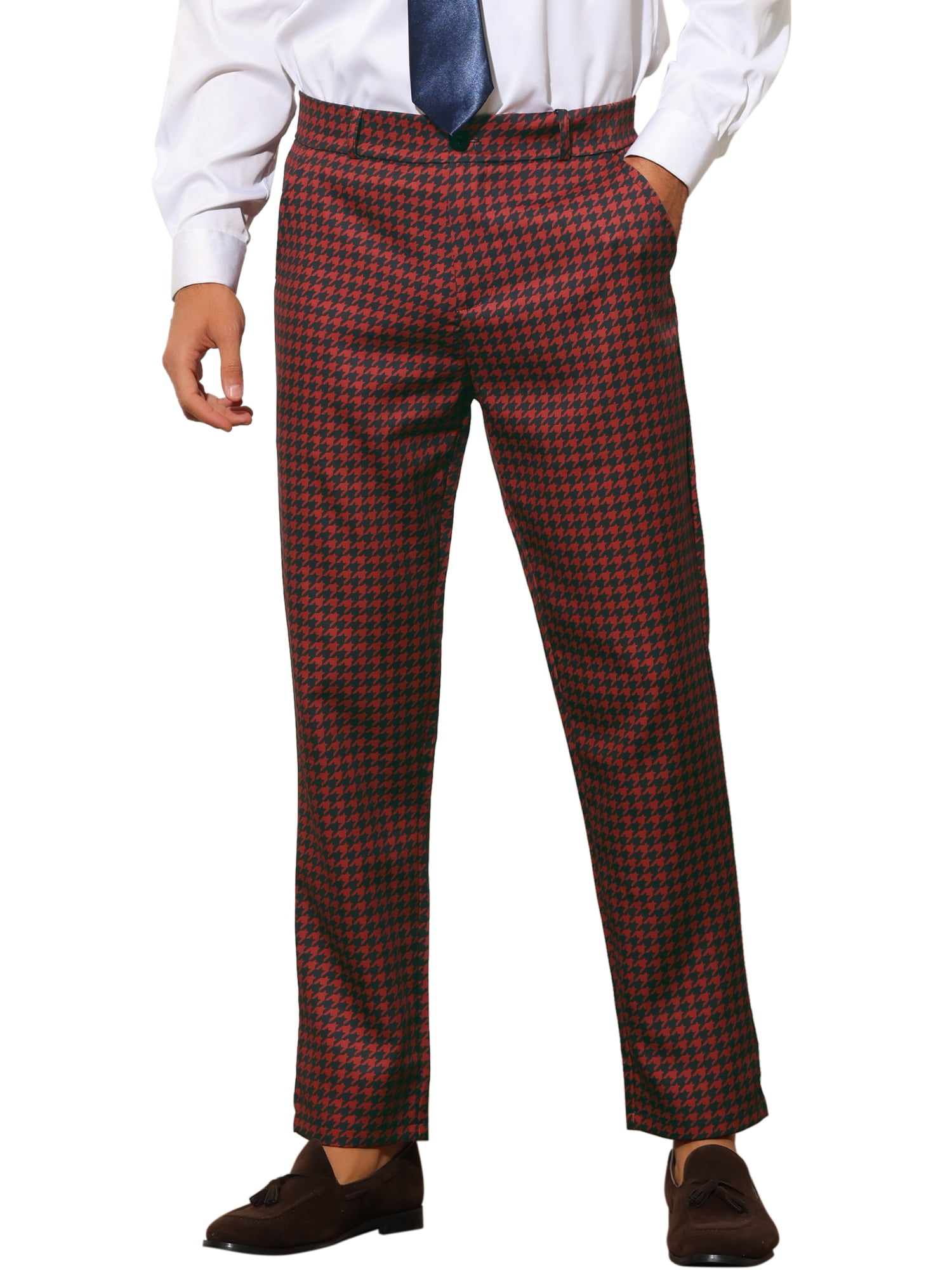 Unique Bargains Men's Houndstooth Pattern Pants Slim Fit Business Plaid Dress Trousers 32 Red Black