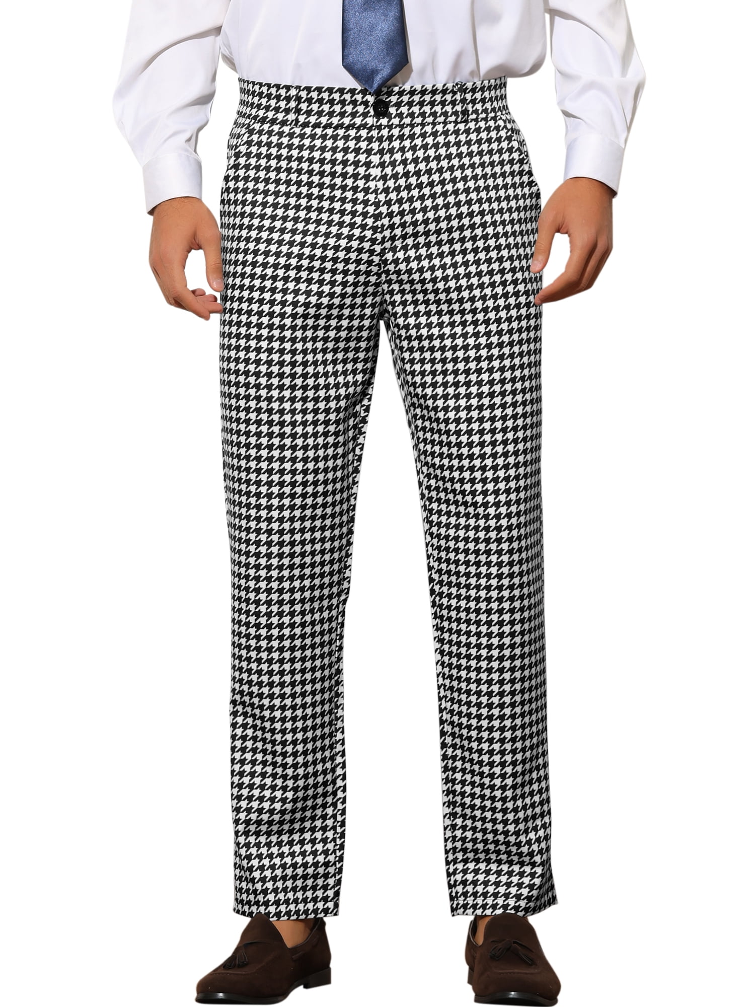 Unique Bargains Men's Houndstooth Pattern Pants Slim Fit Business Plaid Dress Trousers 38 White Black