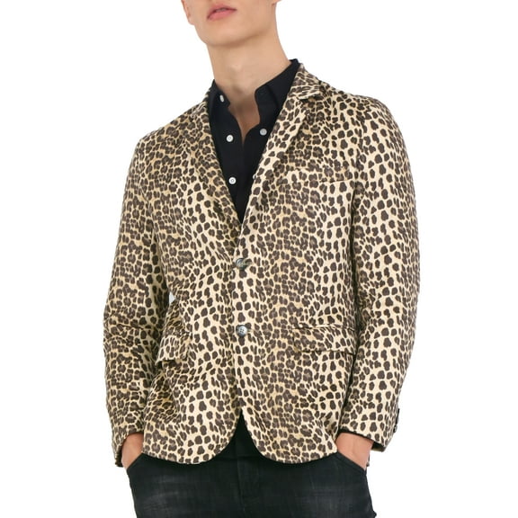 Unique Bargains Men's Leopard Animal Print Notched Lapel Slim Fit Blazer L Brown