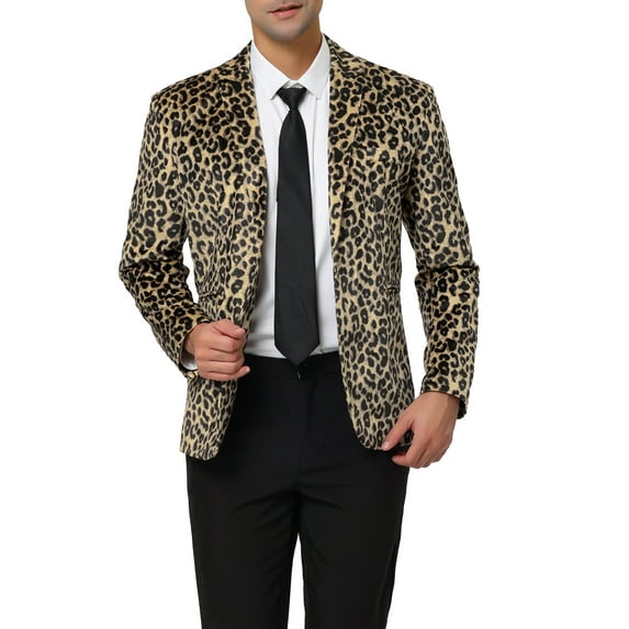 Unique Bargains Men's Leopard Animal Print Notched Lapel Slim Fit Blazer S Yellow Leopard