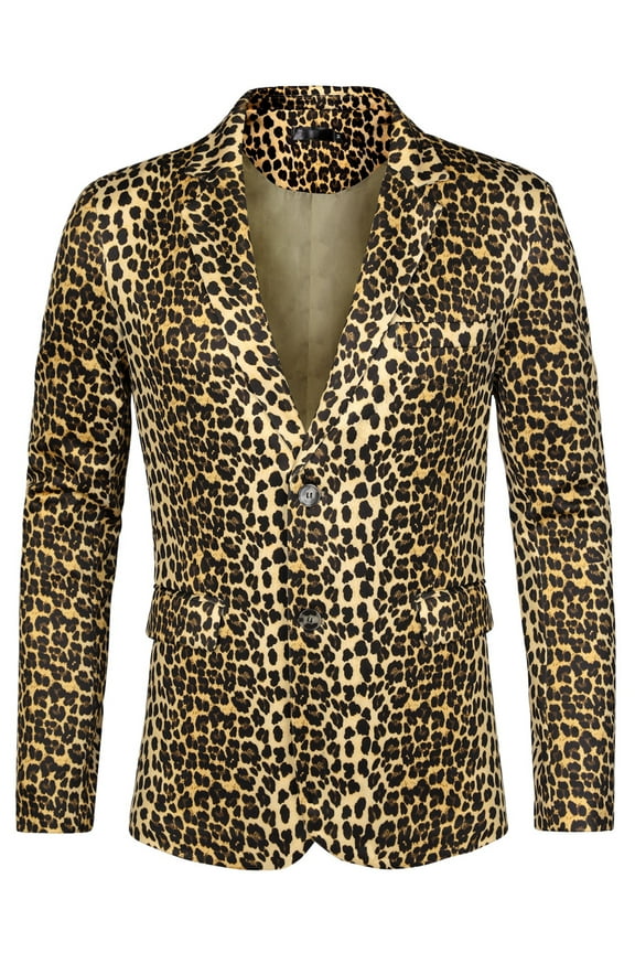 Men's Leopard Animal Print Notched Lapel Slim Fit Blazer XL Yellow Black