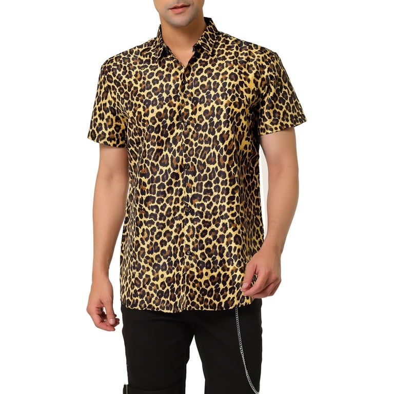 Unique Bargains Men s Leopard Print Short Sleeve Vintage Animal Cheetah Print Shirt S Yellow Walmart
