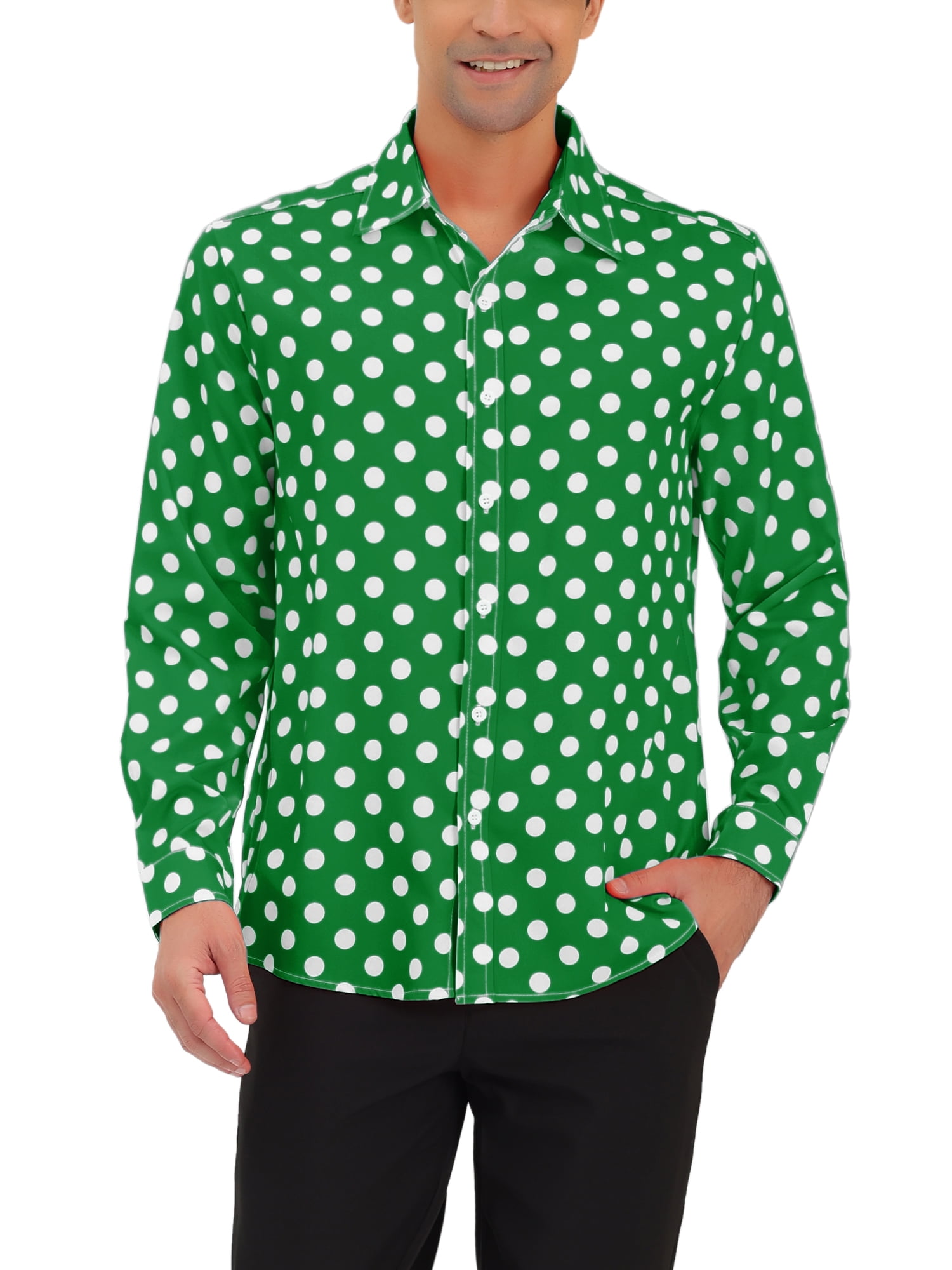 Unique Bargains Men's Long Sleeve Button Slim Polka Dots Shirt 38 Dark Green