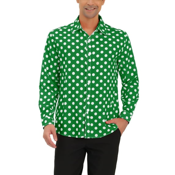 Unique Bargains Men's Long Sleeve Button Slim Polka Dots Shirt 42 Dark Green