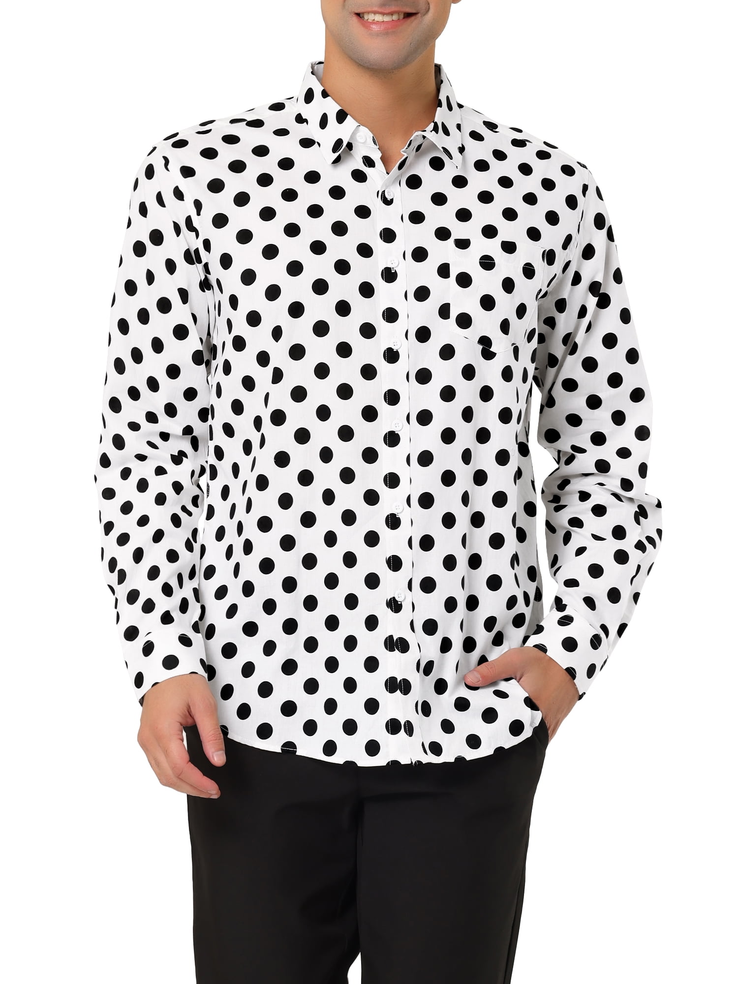 Unique Bargains Men s Long Sleeve Button Slim Polka Dots Shirt 42 White and Black Walmart