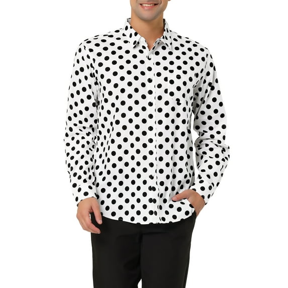 Unique Bargains Men's Long Sleeve Button Slim Polka Dots Shirt 42 White and Black